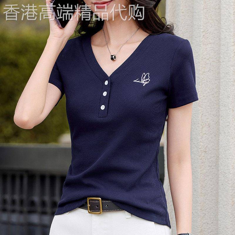 韩国2026夏季气质百搭刺绣V领正肩短袖T恤女新款修身显瘦纽扣上衣