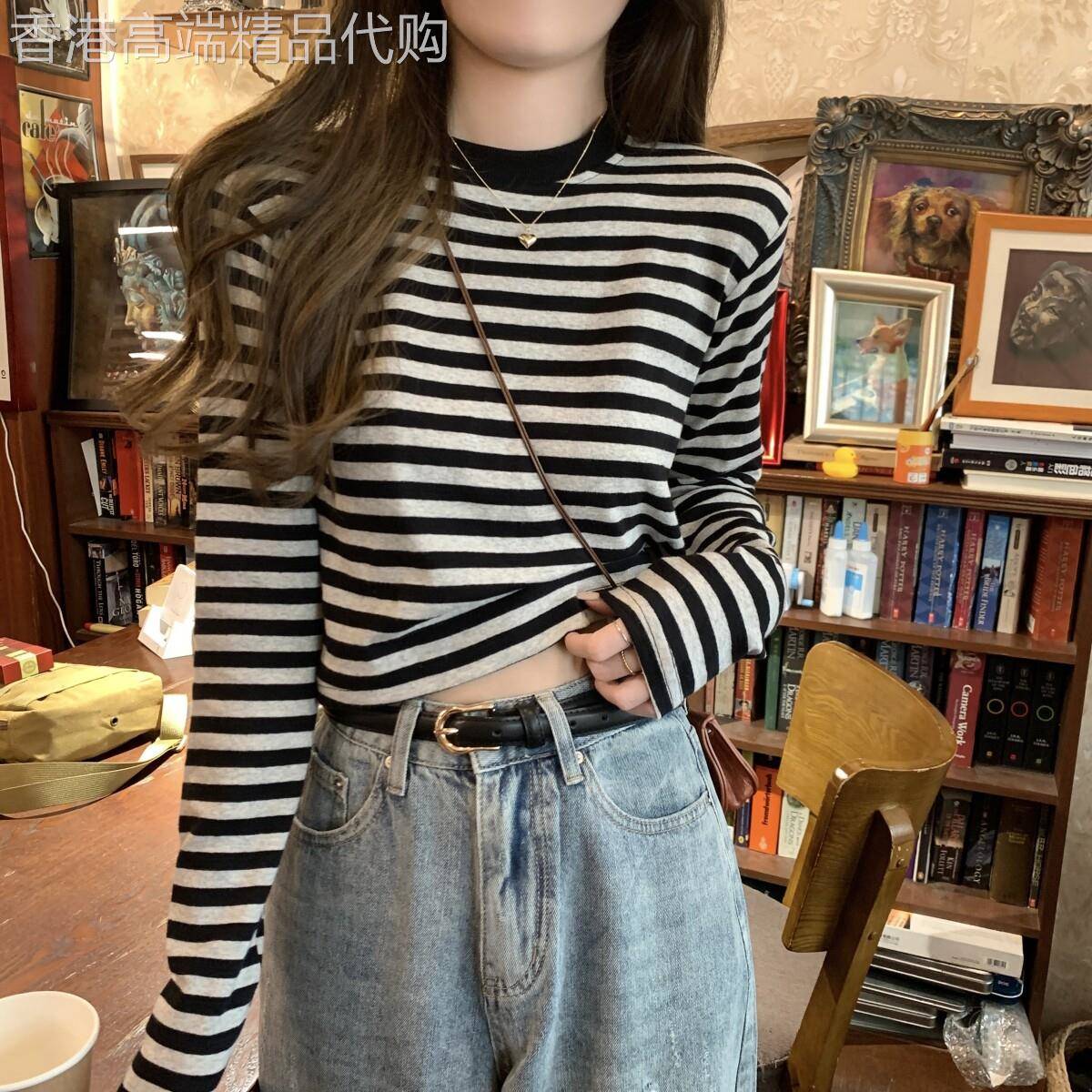复古条纹长袖T恤女春秋2026年新款设计感小众紧身打底衫短款上衣