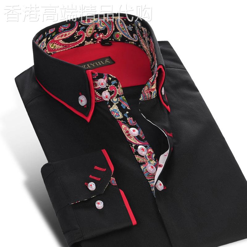 高端男士衬衫修身双领长袖打底衫商务黑色免烫中国风精品衬衣潮jz