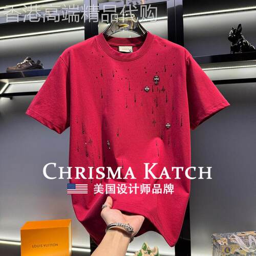出口美国⭐Chrisma Katch~美式高端烫钻圆领短袖轻奢宽松欧货半袖