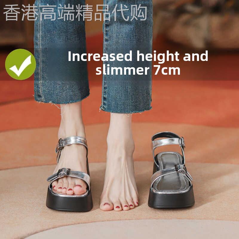 银色真皮厚底凉鞋女性夏季2025新外层穿平台提高一肩带海滩罗马鞋