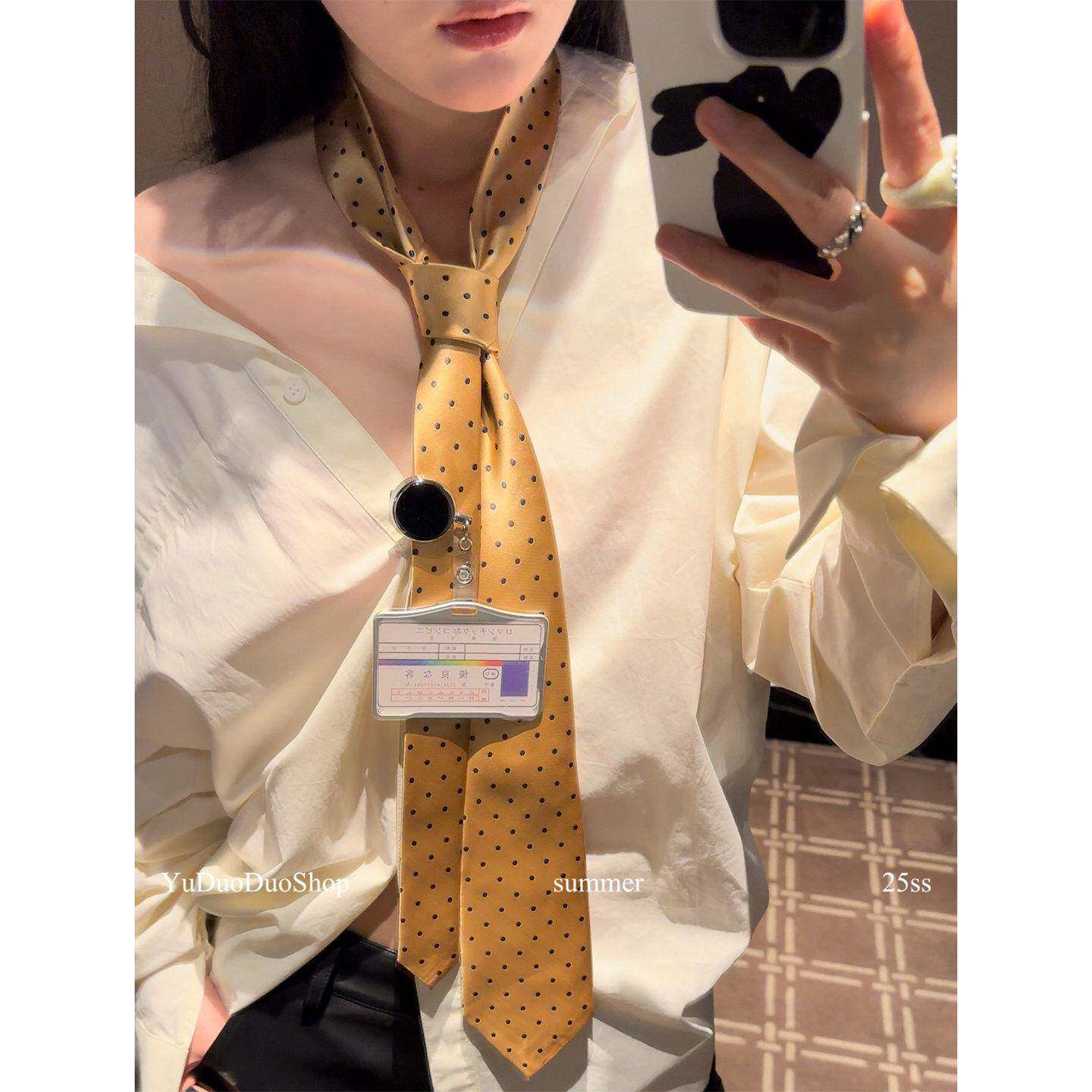 黄色衬衫领带女款学院风黑色波点腰带女士设计感小众辣妹夏季配饰