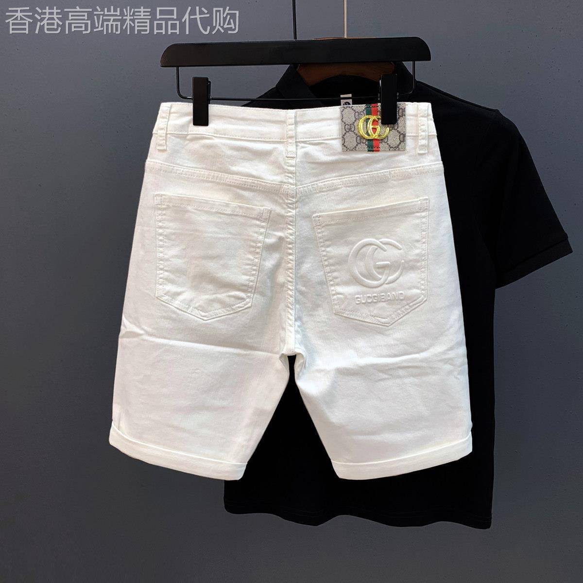 牛仔短裤男夏季新款青年弹力休闲五分裤欧货时尚个性背后字母印花