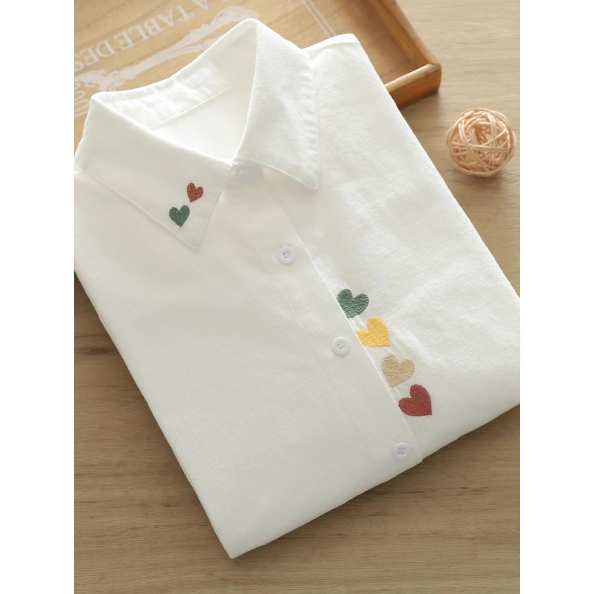 香港TIMO文艺小清新卡通刺绣爱心磨毛棉正肩白衬衫女长袖打底衫潮