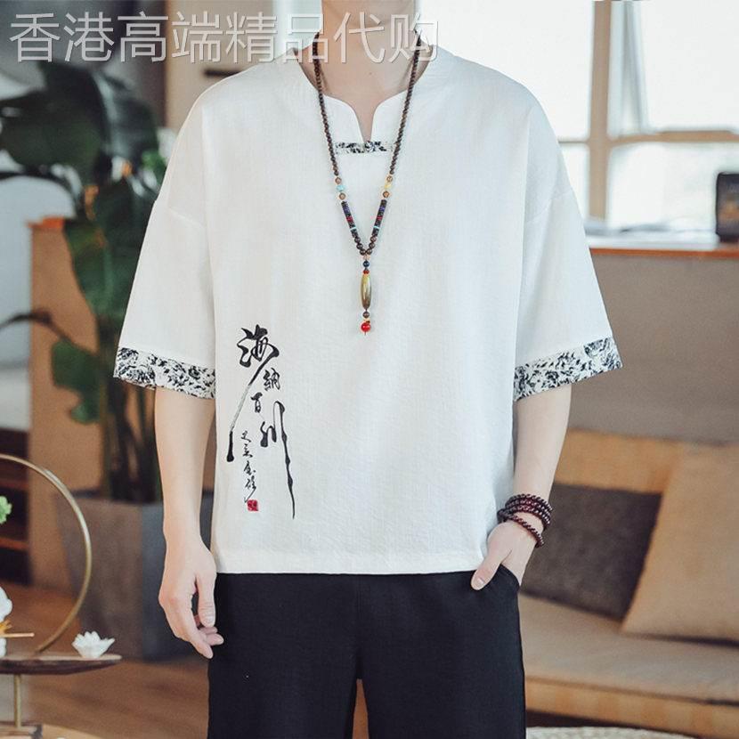 亚麻短袖T恤男2026新款夏季薄款潮牌宽松印花V领体恤百搭休闲半袖