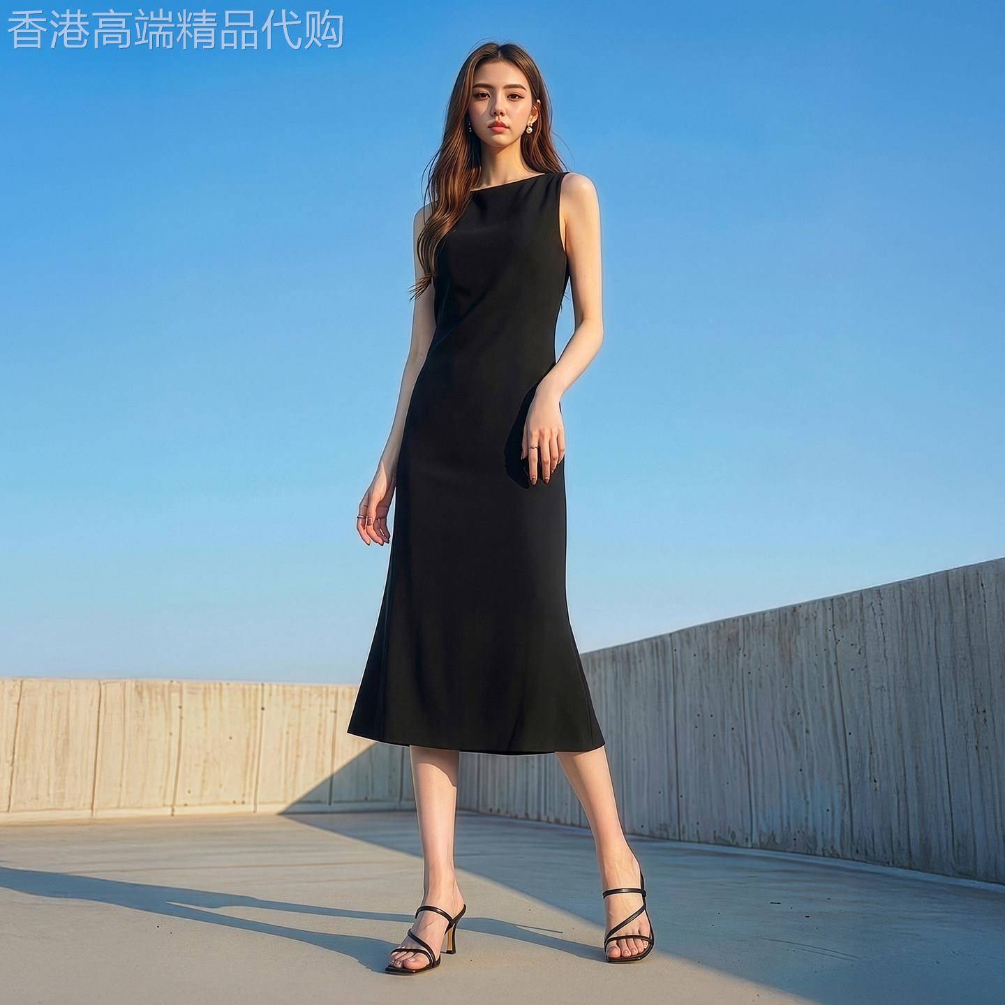 黑色赫本风高级感洋装女无袖通勤中长版小黑裙修身显瘦气质裙子