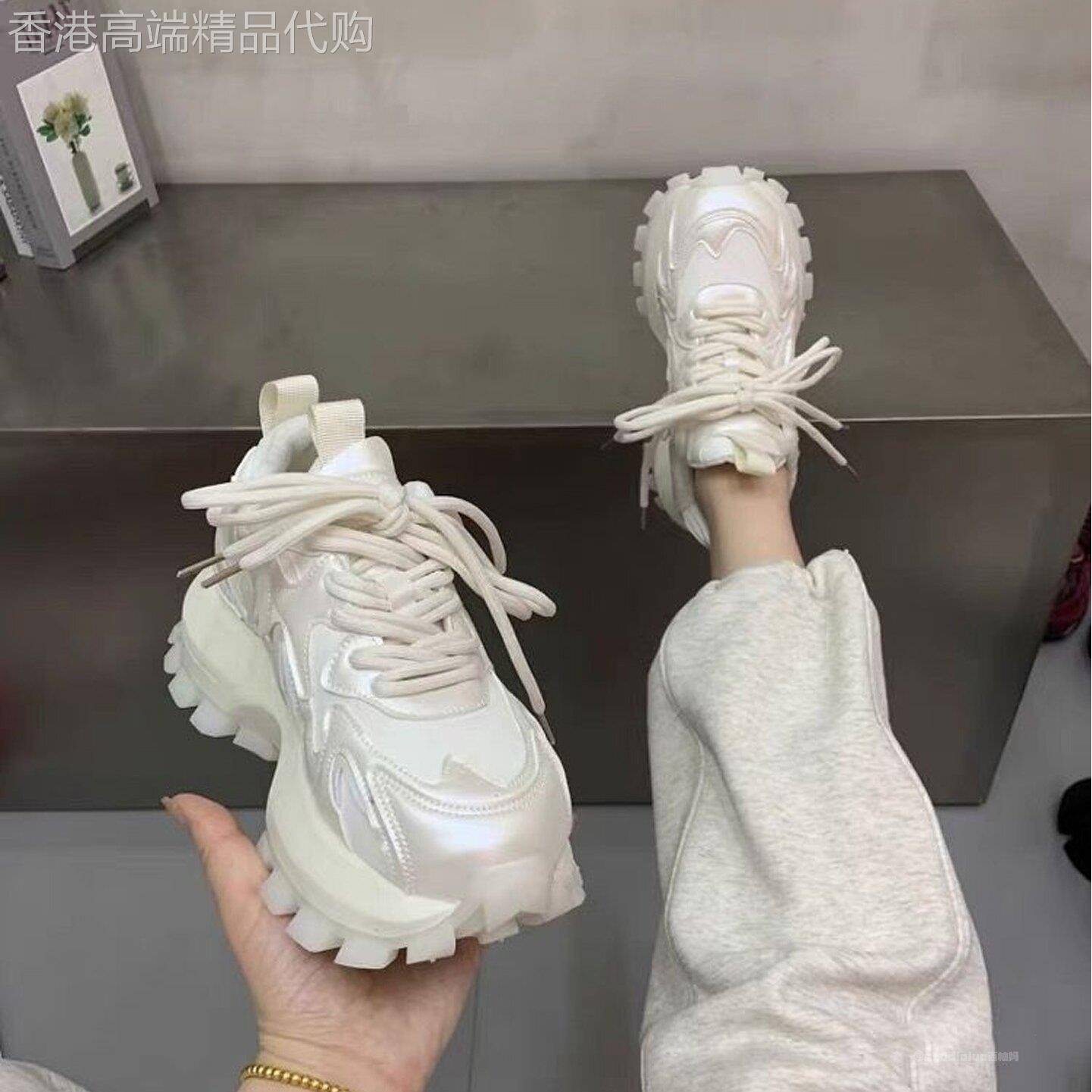 香港HAMAINI⭐真皮系带厚底松糕老爹鞋女2025春秋新款显瘦运动鞋