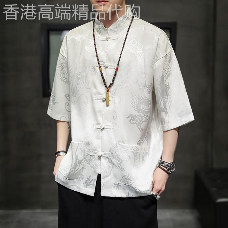 夏季冰丝短袖套装男士中国风太极服宽松七分袖衬衫盘扣唐装衬衫潮