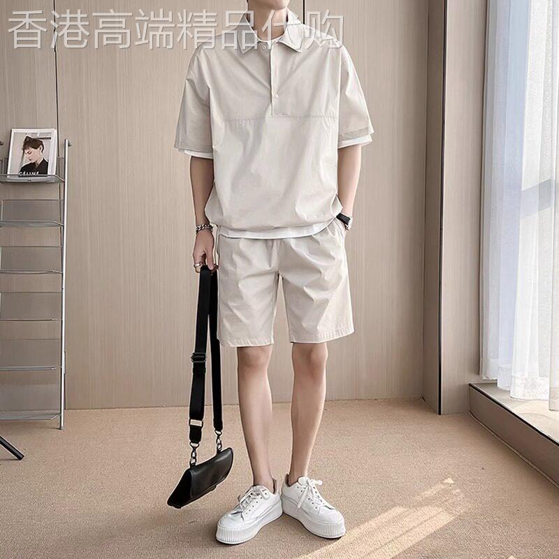 潮牌冰丝休闲套装男士短袖polo衫2026新款夏季搭配短裤两件套男款图片