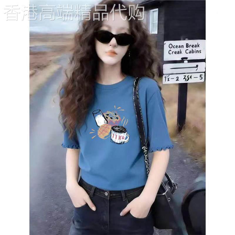 蓝色打底衫女装内搭2026夏季新款薄款高级感好看短袖印花t恤上衣