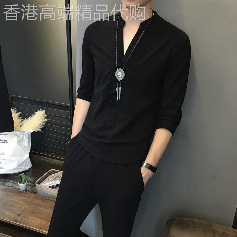 亚麻休闲套装男夏季棉麻V领短袖卫裤七分袖潮流男士运动两件套