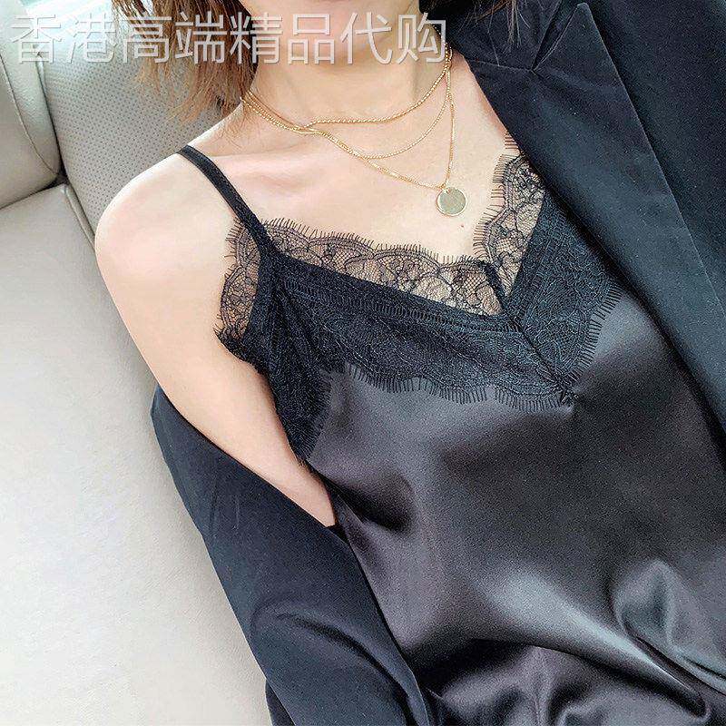 法式蕾丝小吊带背心女外穿夏美背配小西装内搭打底衣醋酸缎面上衣