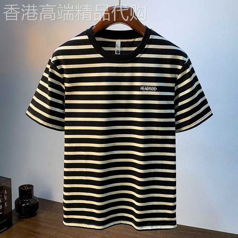 条纹短袖t恤男夏季宽松潮牌痞帅半袖体恤衫吸汗透气速干大码衣服