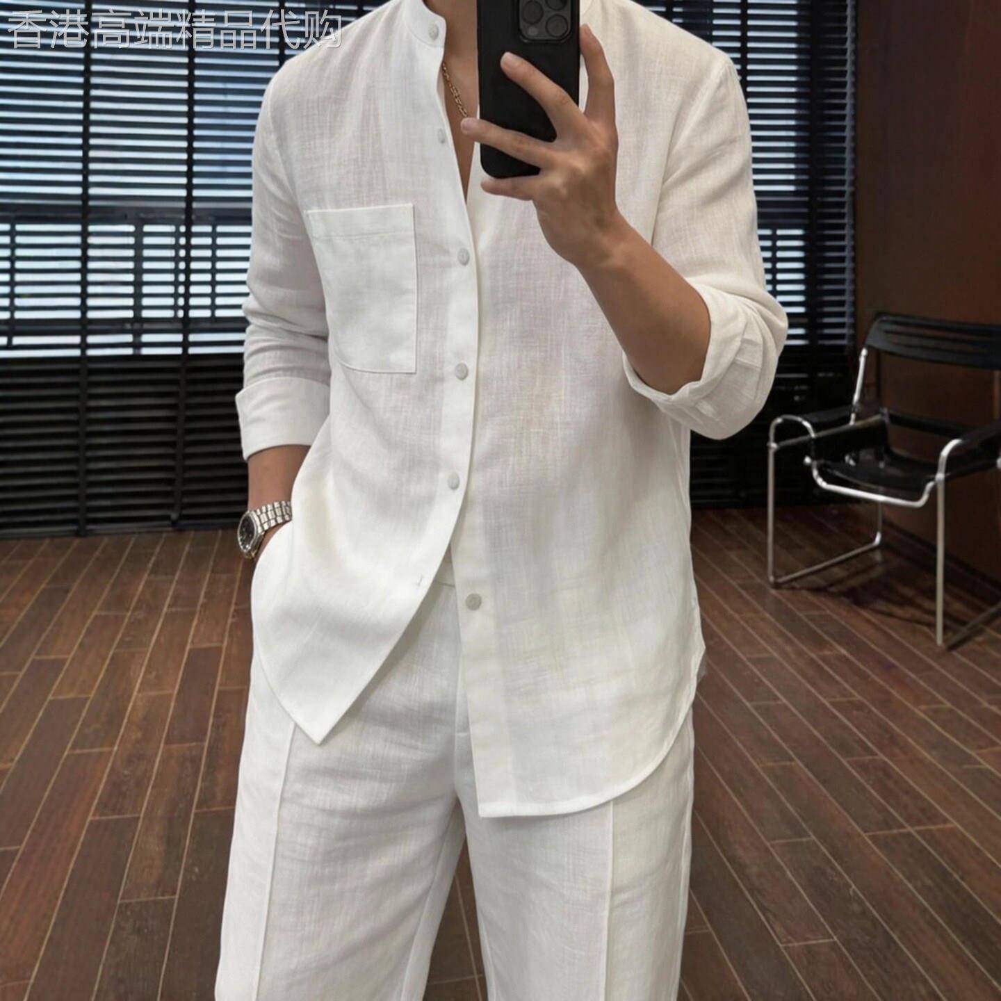 潮牌新中式立领亚麻长袖衬衫男士夏季松弛感商务休闲开衫防晒上衣