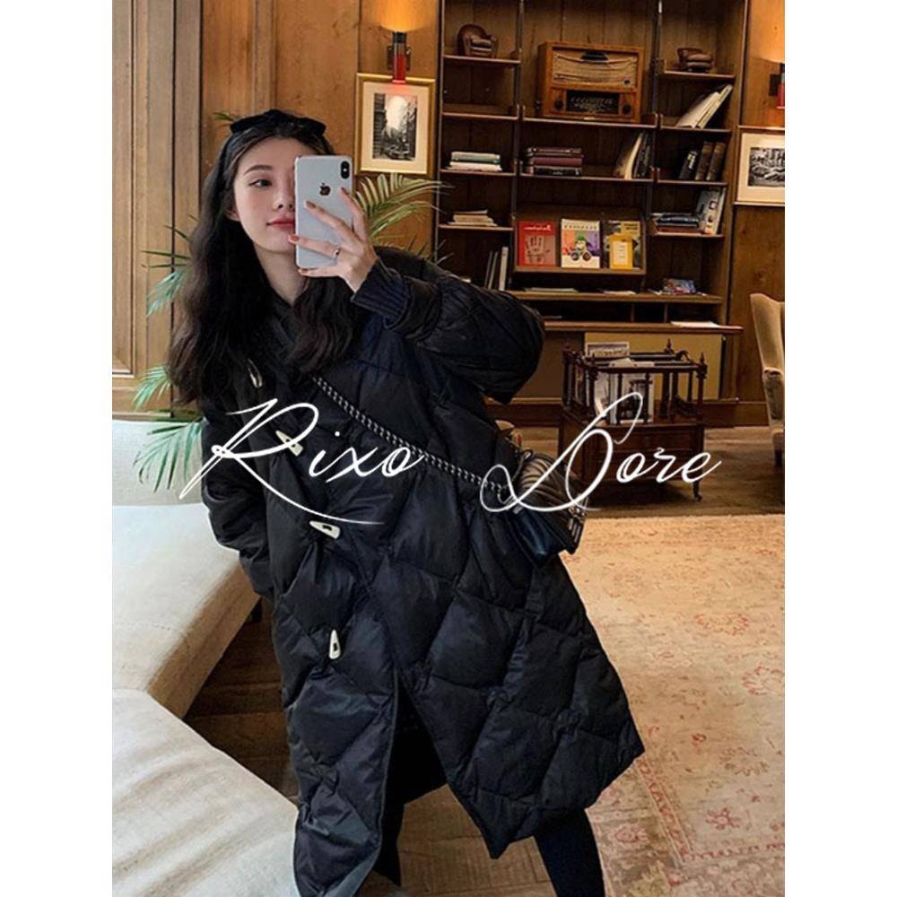 RIXO DORE法式黑色菱格羽绒服女新款轻薄立领薄款中长款过膝外套