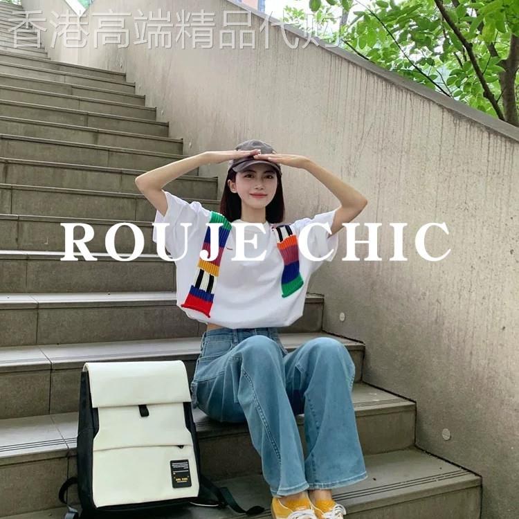 法国rouje chic法式彩虹拼接披肩短袖t恤女夏季休闲百搭宽松上衣