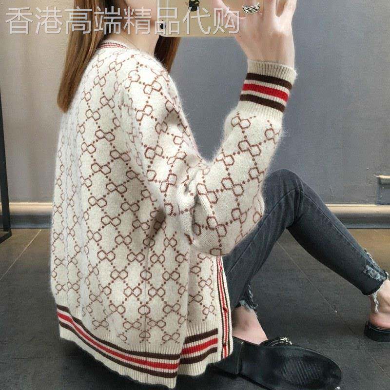 马海毛针织开衫女春秋深圳欧货小衫撞色上衣覆古慵懒毛衣外套