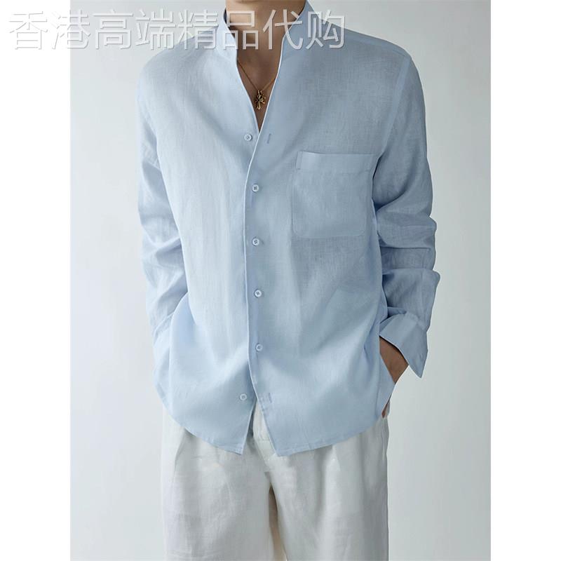 轻奢男士夏季松弛感防晒穿搭老钱风新中式立领浅蓝色亚麻长袖衬衫