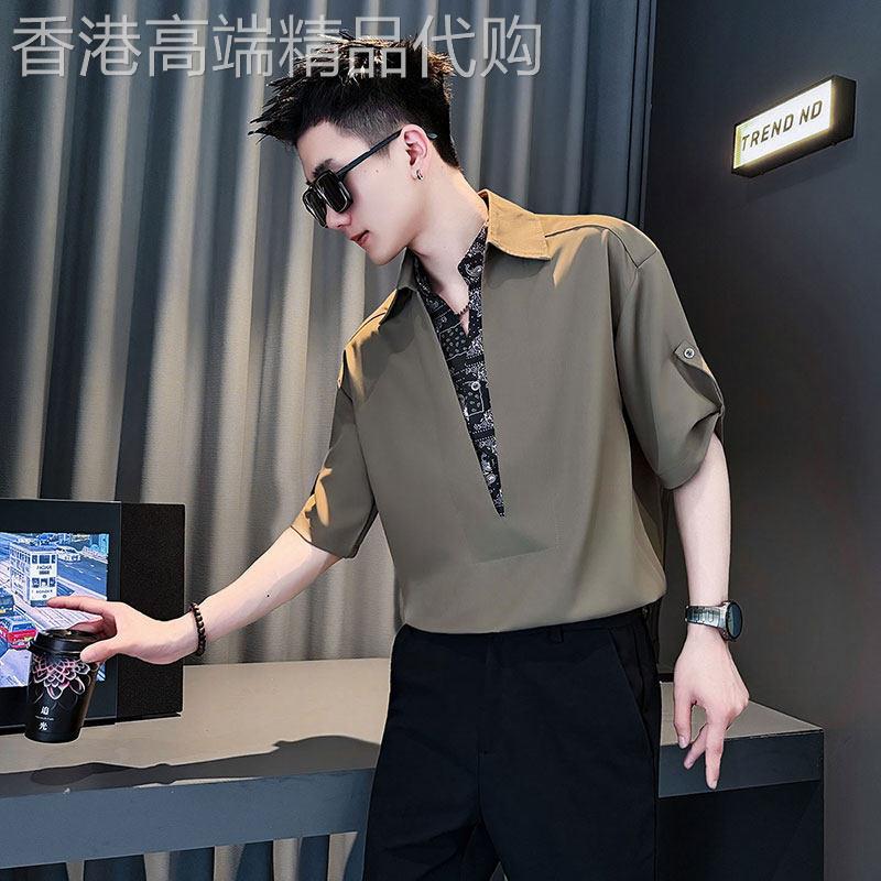 潮牌七分袖假两件短袖衬衫男士冰丝V领2026新款夏季凉感痞帅上衣