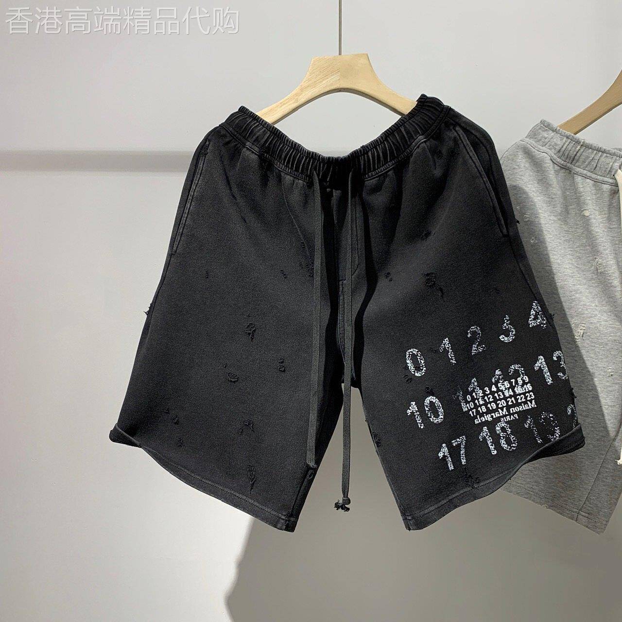 时尚潮牌美式休闲宽松直筒短裤男士数字印花破洞工艺重磅五分裤男