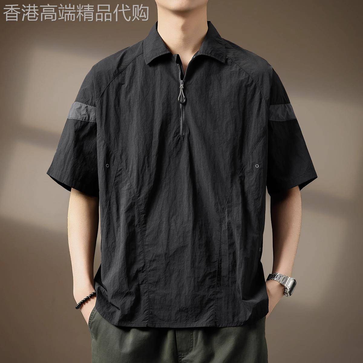 意大利高端美式复古短袖Polo衫男夏季户外速干t恤半拉链翻领上衣