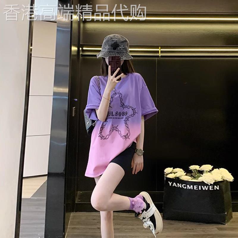 潮牌紫色短袖女t恤夏季新款欧货大版洋派显瘦小众独特宽松上衣女