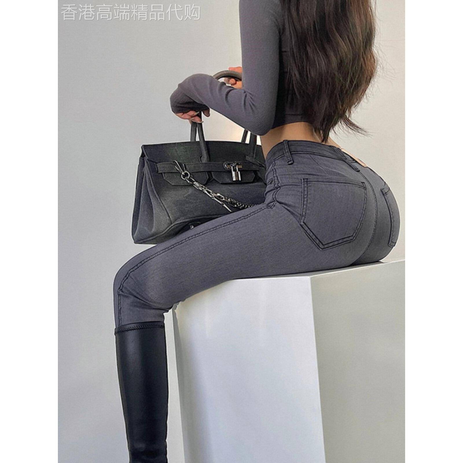 烟灰色提臀牛仔裤女修身小脚弹力铅笔裤高腰塑形蜜桃臀瑜伽裤子