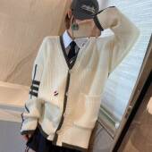 Thom 新款 学院风粗针毛衣女中长款 v领宽松羊毛针织开衫 女外套