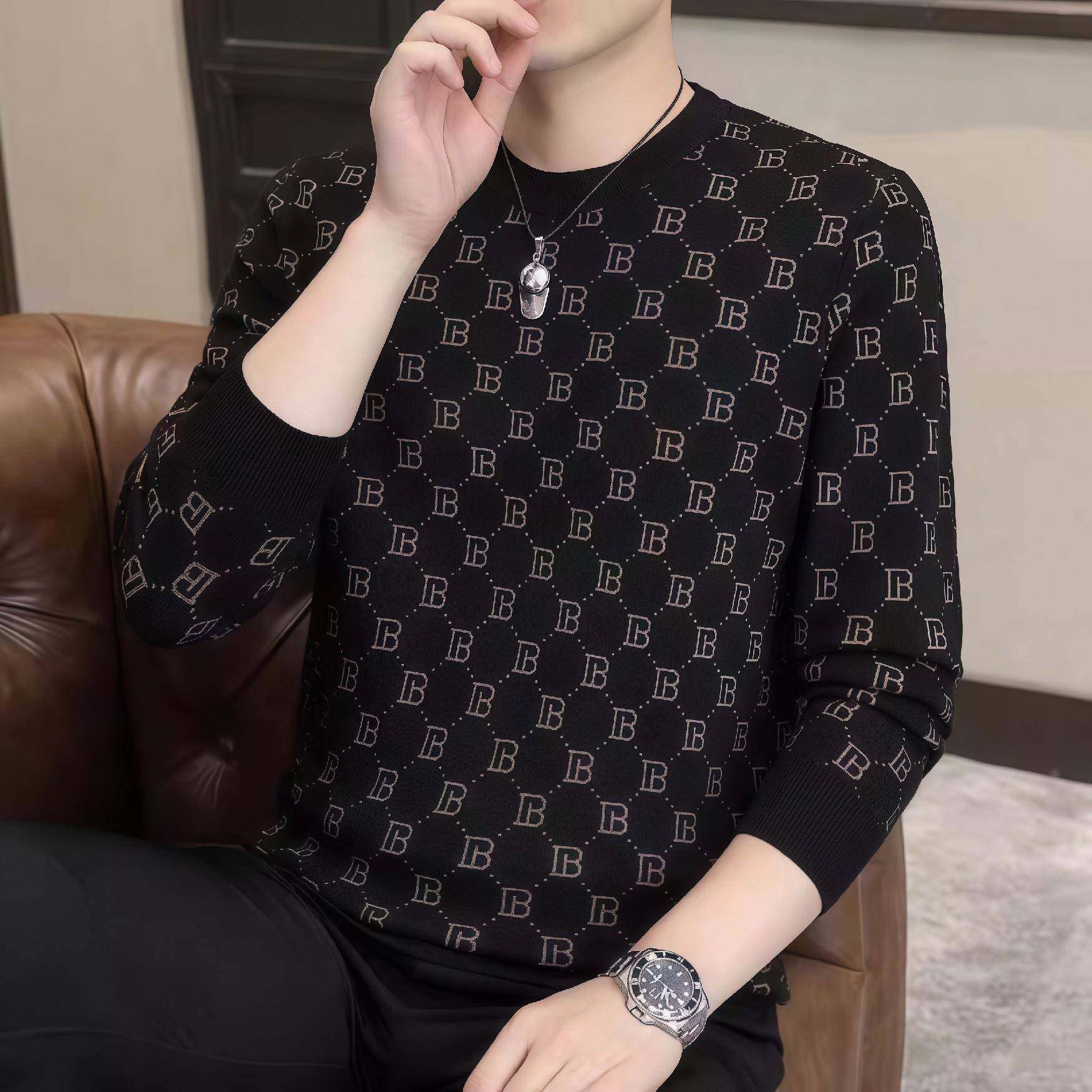 高端品牌男士圆领毛衣秋季新款时尚潮流字母修身针织羊毛打底衫潮