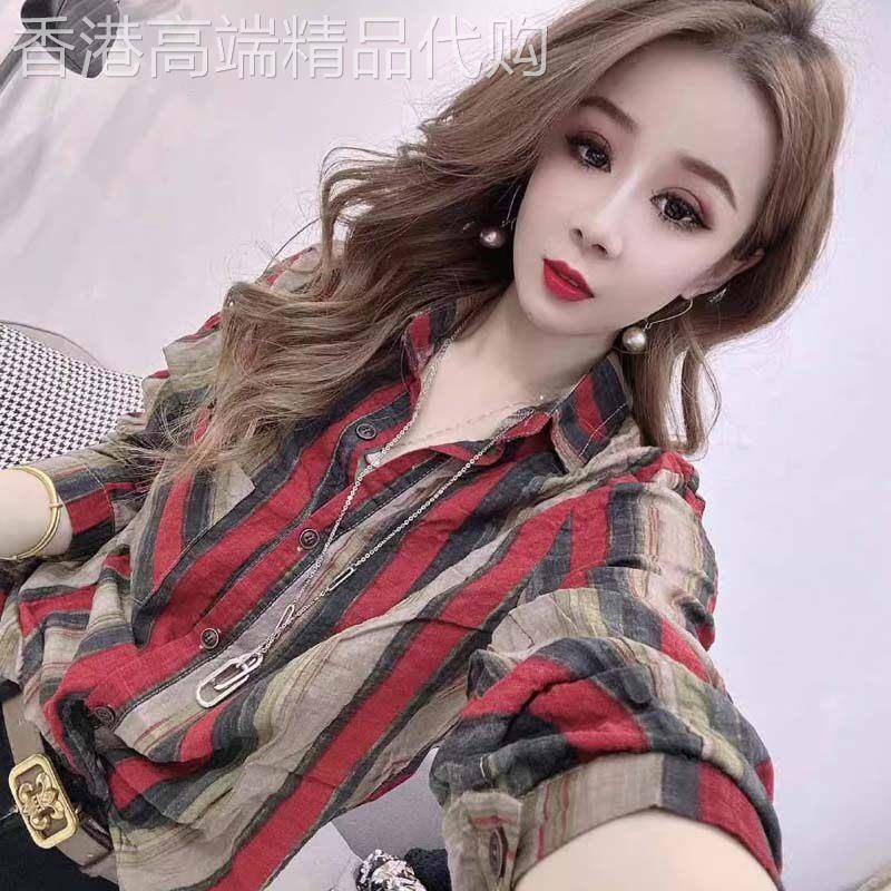 棉麻衬衫女士夏季欧货防晒衬衫薄款条纹亚麻polo翻领长袖上衣大尺