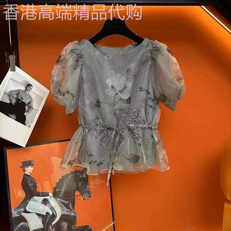 印花荷叶边雪纺衬衫女夏季2026年新款时尚洋气设计感别致上衣t恤