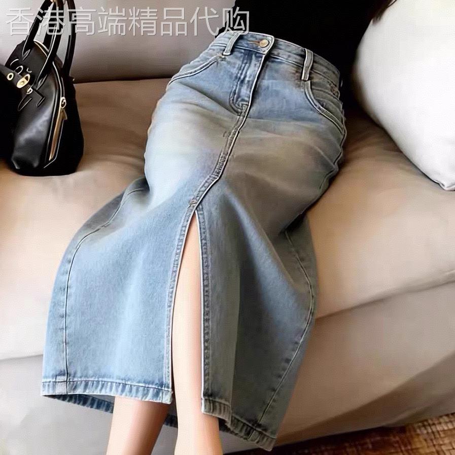 蓝色开叉牛仔半身裙女2026夏季高腰显瘦百搭中长裙时尚直筒半裙