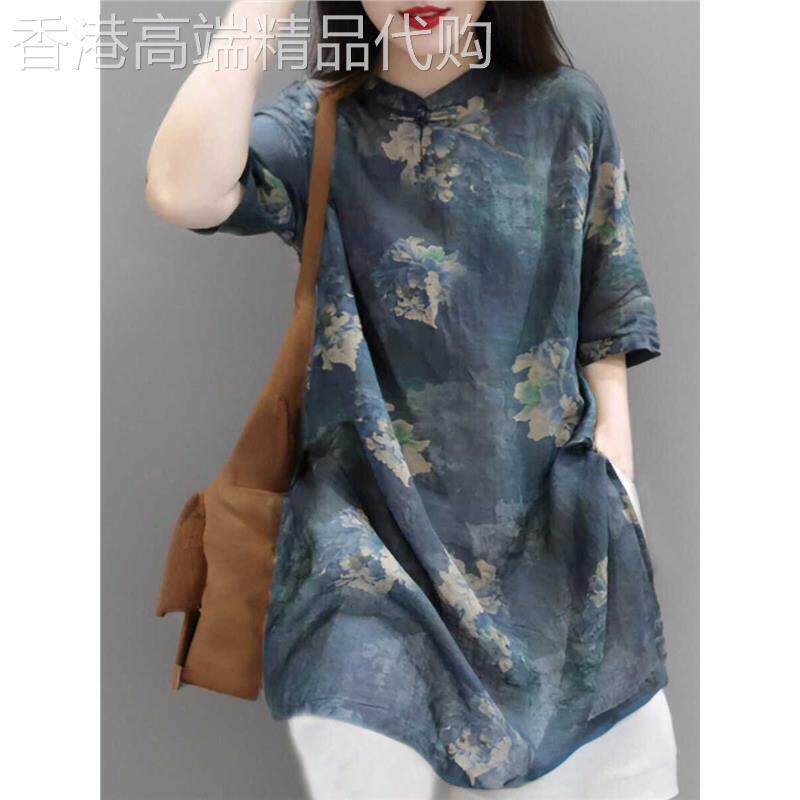 民族风薄款立领盘扣衬衫女夏季新款时尚气质休闲中长版短袖上衣潮