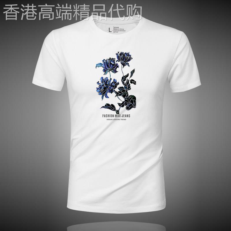 莫代尔短袖t恤男潮牌圆领上衣服夏季修身半袖花朵印花白色体恤衫