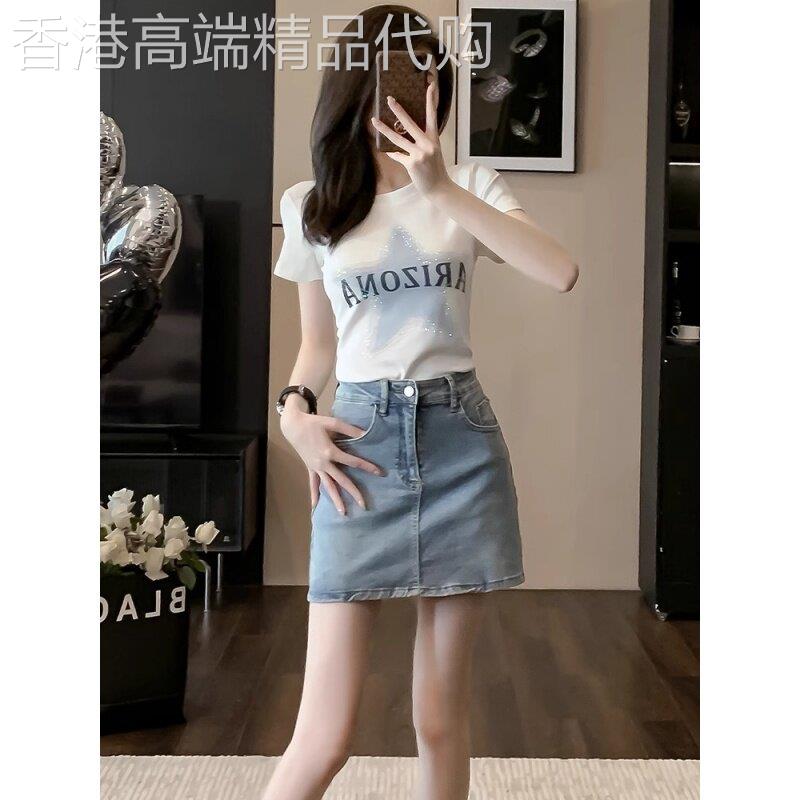 时尚休闲套装女夏季2026新款烫钻短袖t恤+牛仔短裙韩流气质两件套
