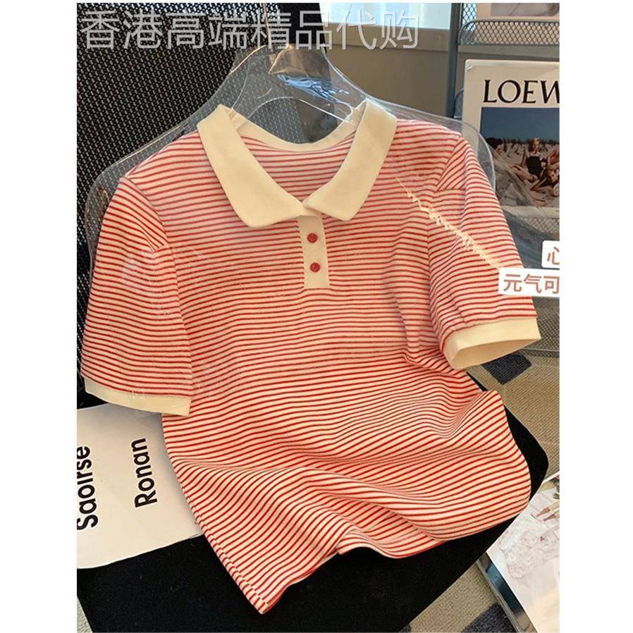 欧洲站粉色条纹正肩短袖T恤女2025新款夏季polo衫翻领体恤上衣潮