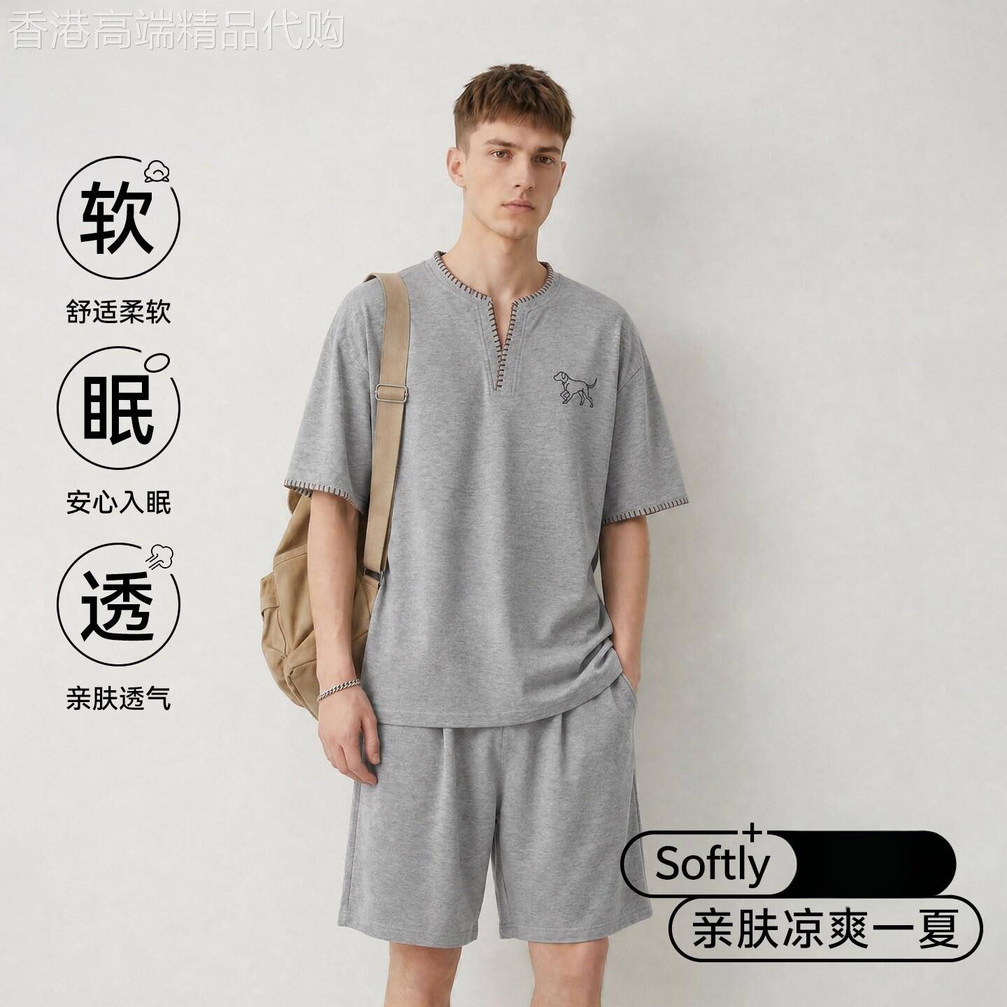 潮牌薄款可外穿短袖短裤睡衣男士夏季大尺码宽松亲肤凉爽家居服套