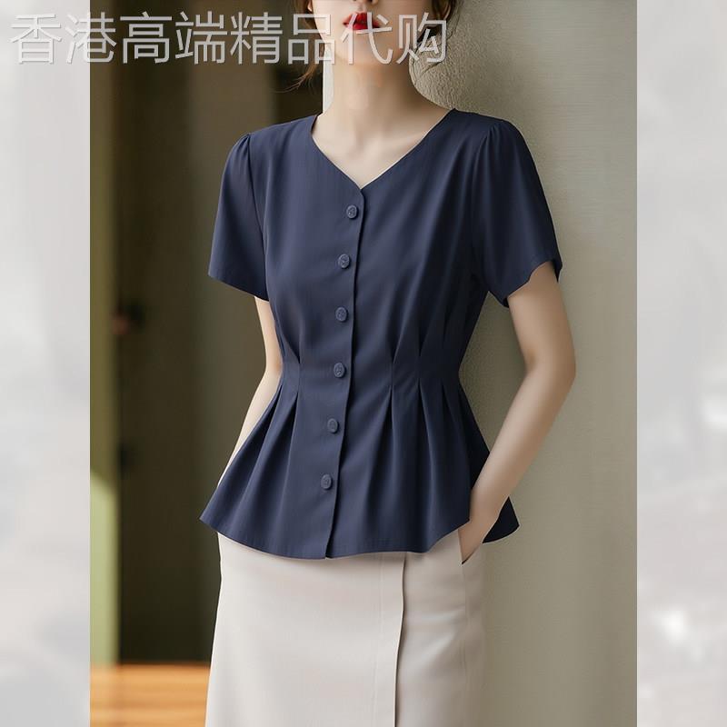 V领短袖衬衫高级感女夏季2026年新款复古设计感上衣小衫显瘦减龄