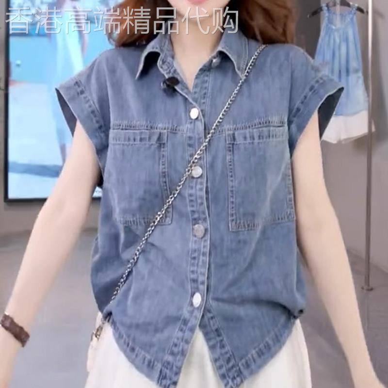 港风复古短袖牛仔衬衫女夏季新款韩版显瘦宽松上衣设计感休闲外套