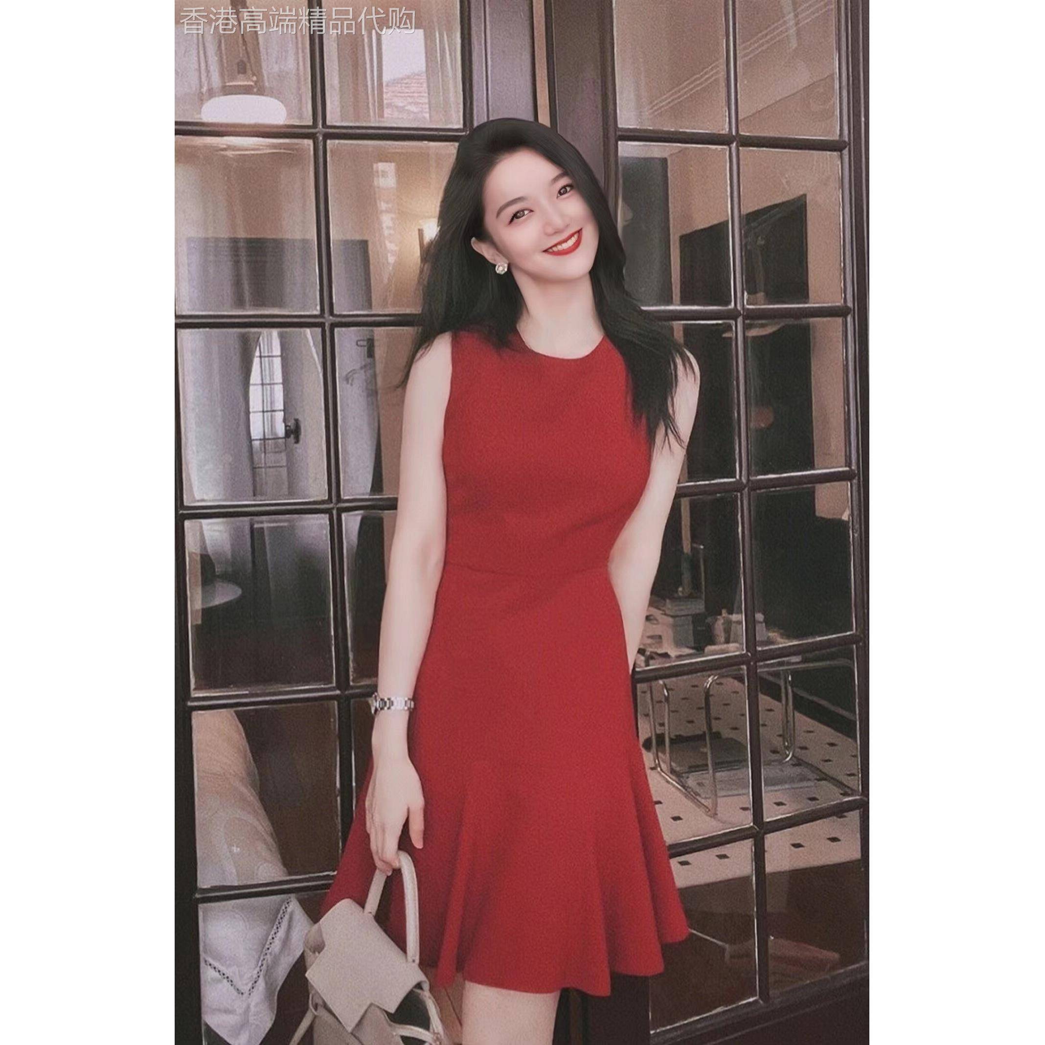 欧洲站新款夏季收腰氛围感连衣裙女气质名媛高级感红色无袖裙子潮
