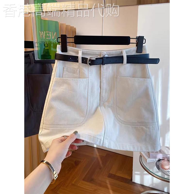 白色高腰牛仔短裙女夏季欧货显瘦A字半身裙小个子配腰带休闲裙子
