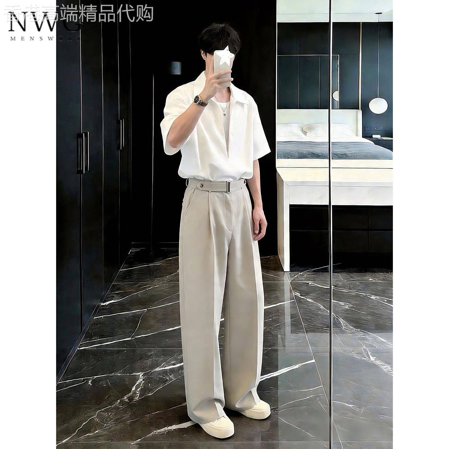 老钱风套装男夏季高级感白色V领短袖衬衫休闲西裤男一套搭配帅气