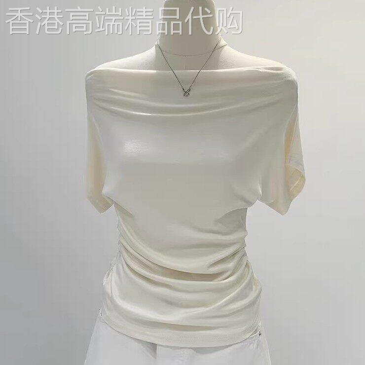 一字肩垂折领白色短袖T恤女夏高级设计感独特绝美修身露肩斜肩上