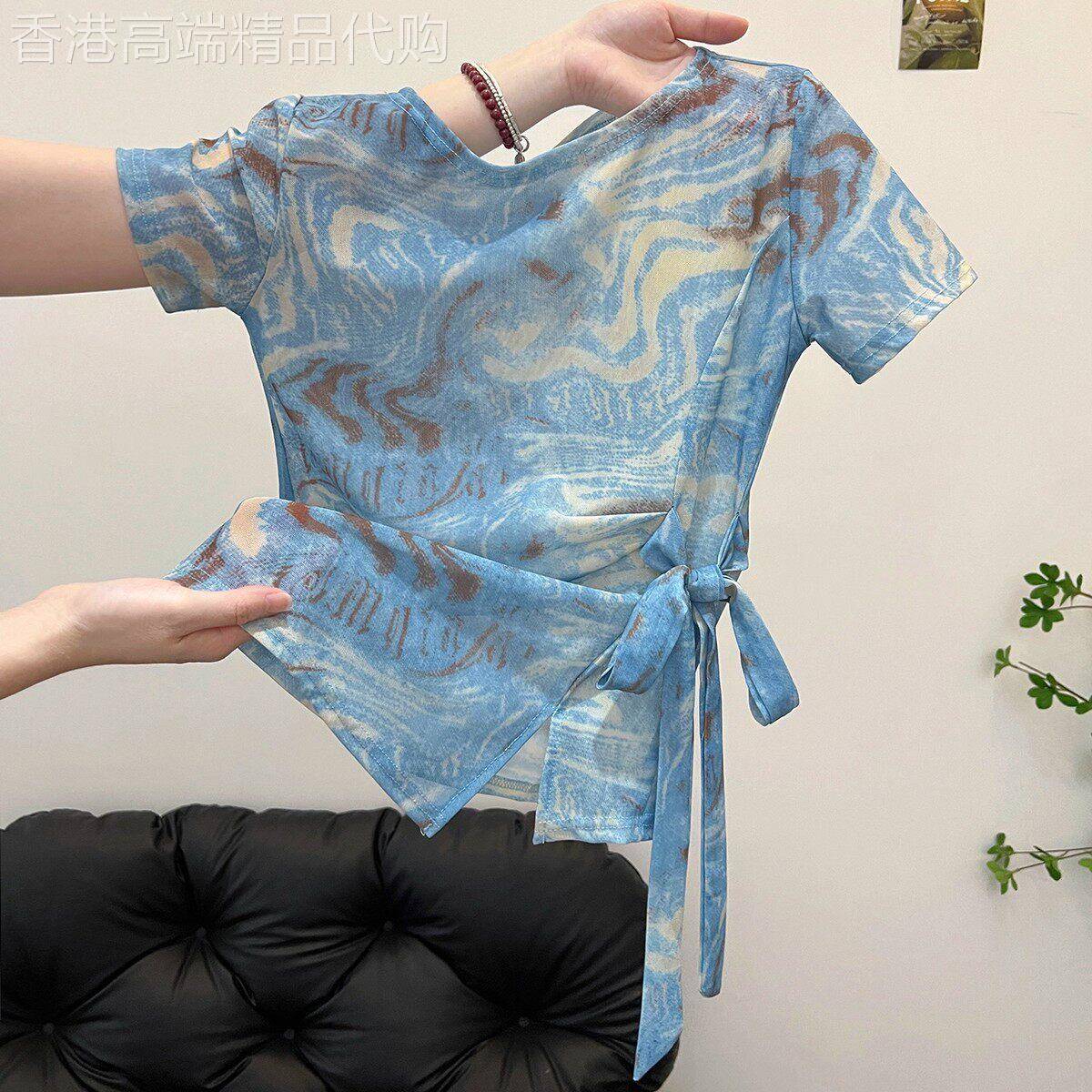 网纱设计感短袖T恤女夏薄款轻奢高级感短款特别漂亮的掐腰上衣图片