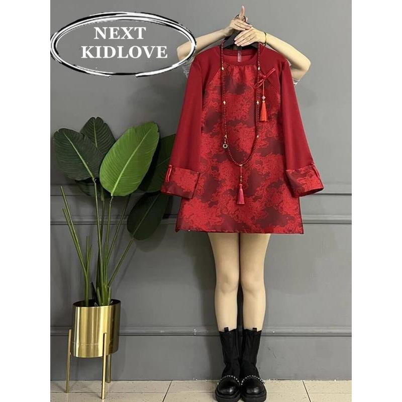 香港新中式大码女装中长款盘扣裙子上衣红色本命年唐装打底衫春款