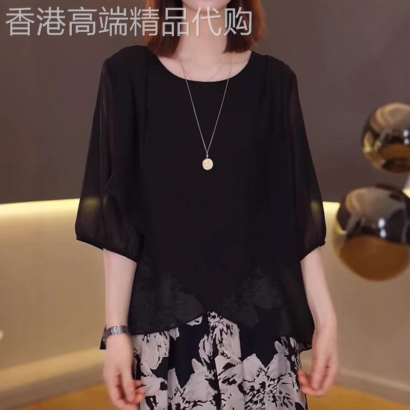 黑色五分袖衬衫女士夏季欧货大码胖MM时尚洋气不规则高端雪纺上衣