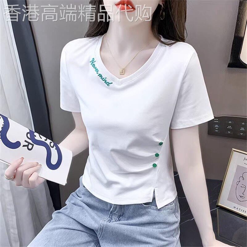 纯棉短袖t恤女2026新款夏季设计感小众时尚白色不规则V领短款上衣