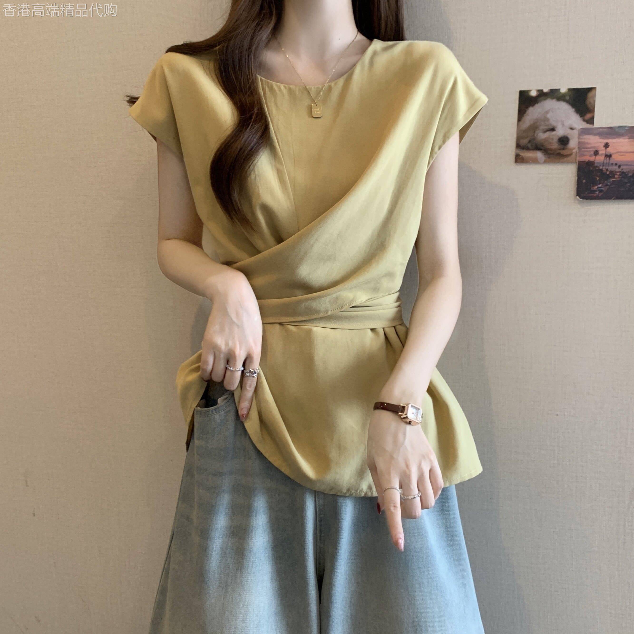 黄色收腰绑带短袖衬衫女夏新款薄款气质百搭胖mm显瘦遮肚小衫上衣