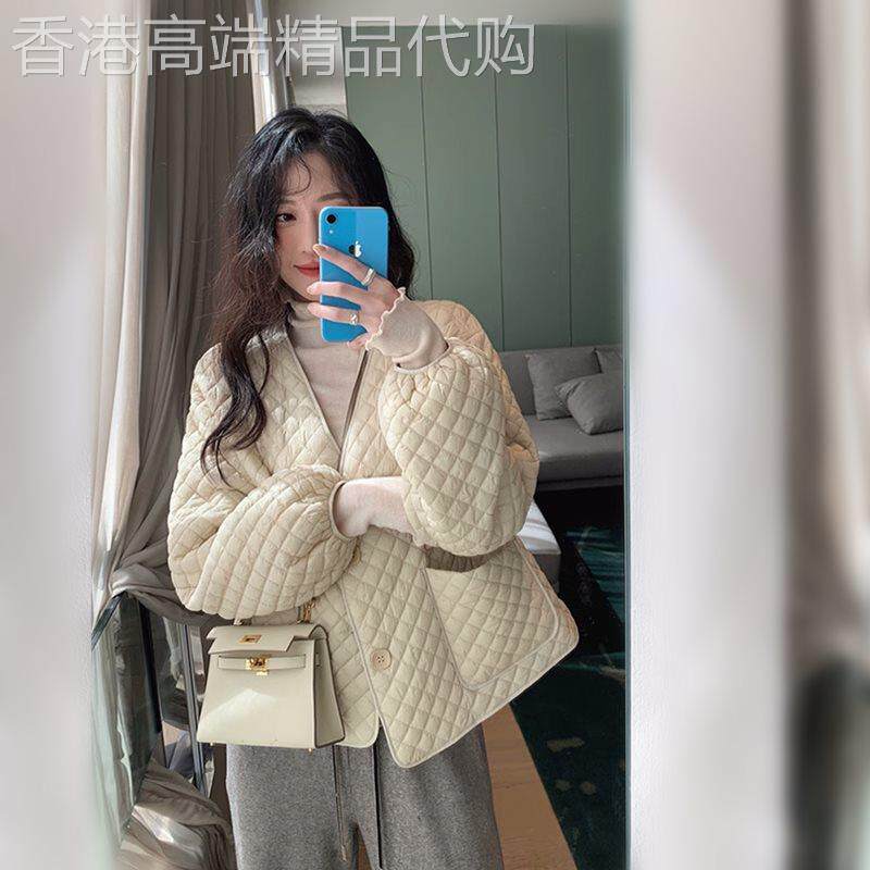 V领菱形格羽绒棉服女士秋冬季欧货设计感双口袋宽松轻薄短款外套