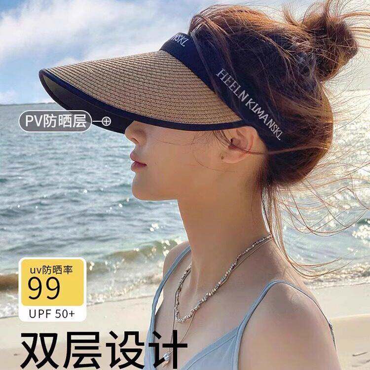 韩国空顶防晒帽女夏防紫外线大帽檐沙滩遮阳草帽骑车遮脸太阳帽子